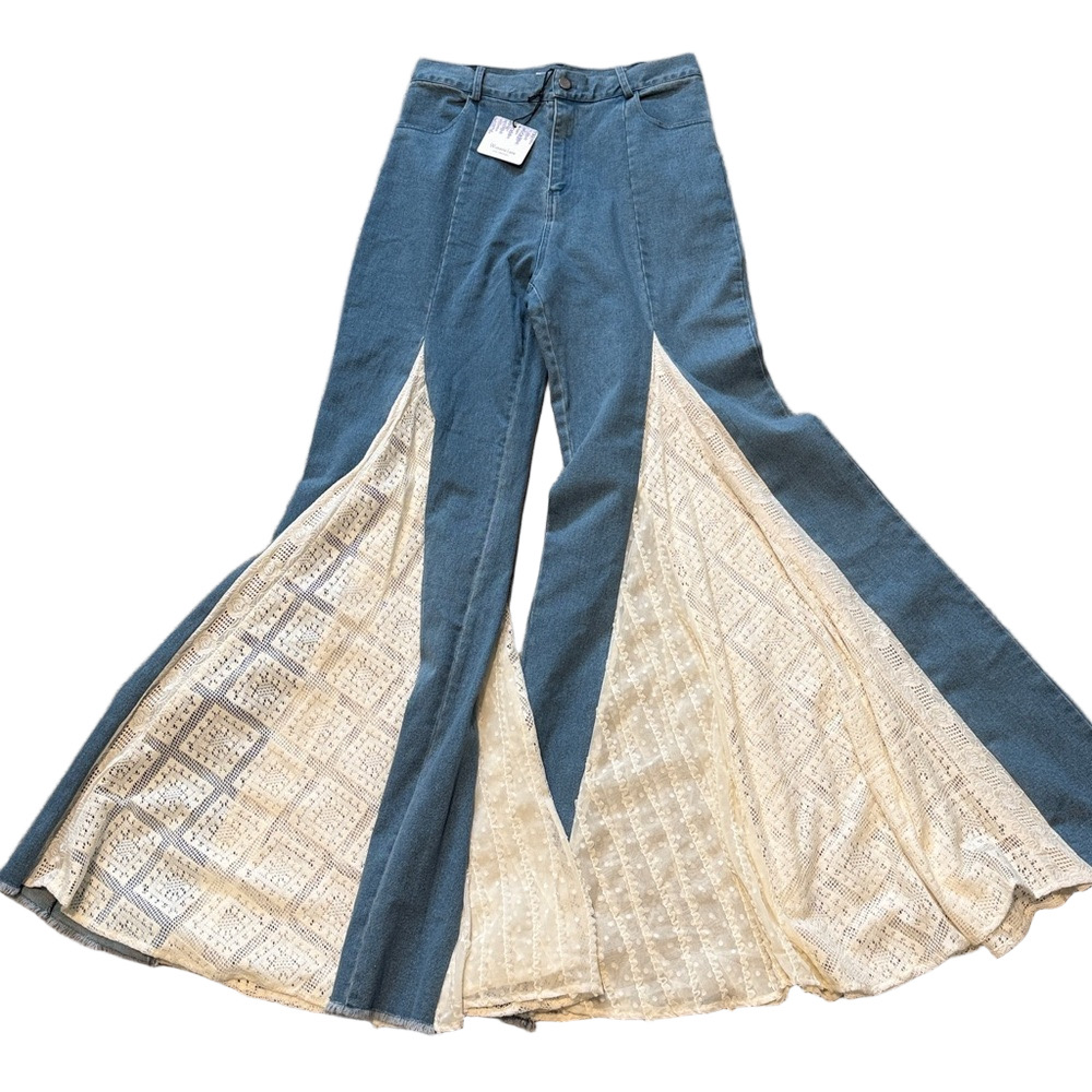 Blue Flare & Wide Leg Jeans with Cream Lace Inserts